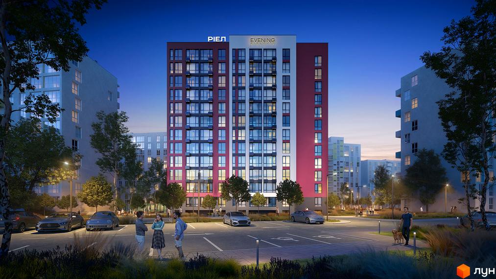 Житловий комплекс Evening з багатоповерховим фасадом червоного, білого та сірого кольорів. Перед будинком розташовані парковка, дерева та люди.