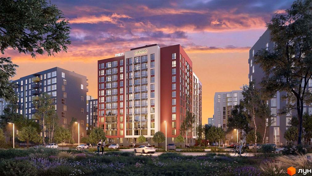 Житловий комплекс Evening: червоно-біла новобудова з панорамними вікнами та доглянутою прибудинковою територією з деревами та квітами.
