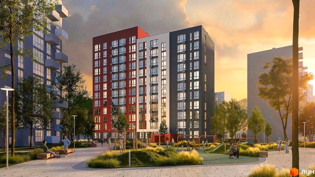 Житловий комплекс Evening з багатосекційними будинками червоного, білого та сірого кольорів, оточений доглянутим двором з дитячим майданчиком та зеленими насадженнями.