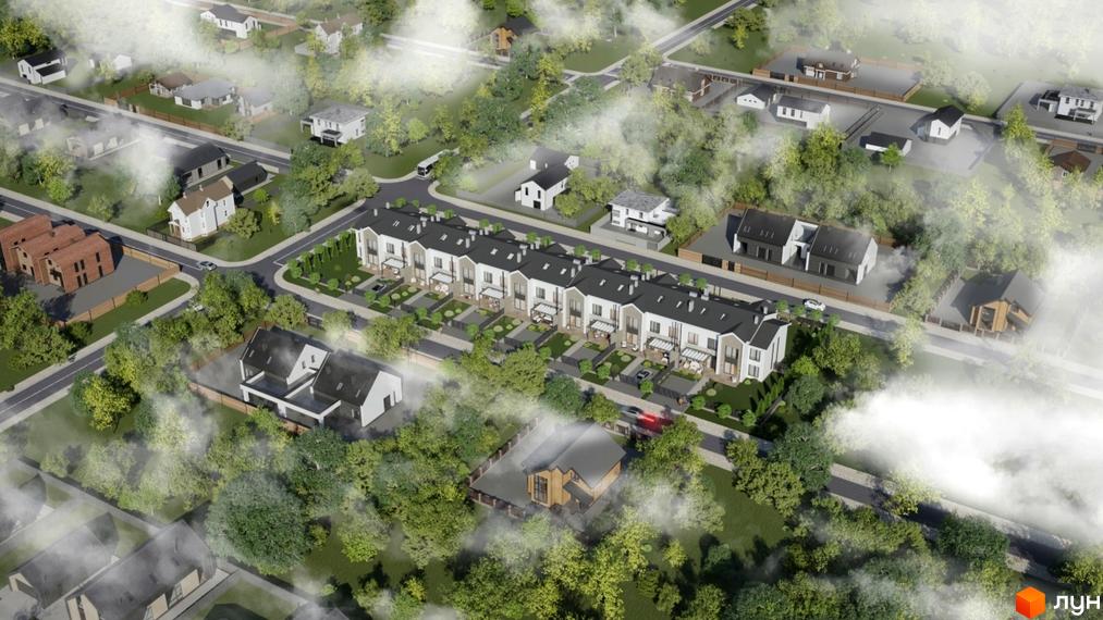 Аерофото Таунхаусів Lazur Village: ряд будинків з біло-сірими фасадами, темними дахами, індивідуальними подвір'ями та зеленими насадженнями.