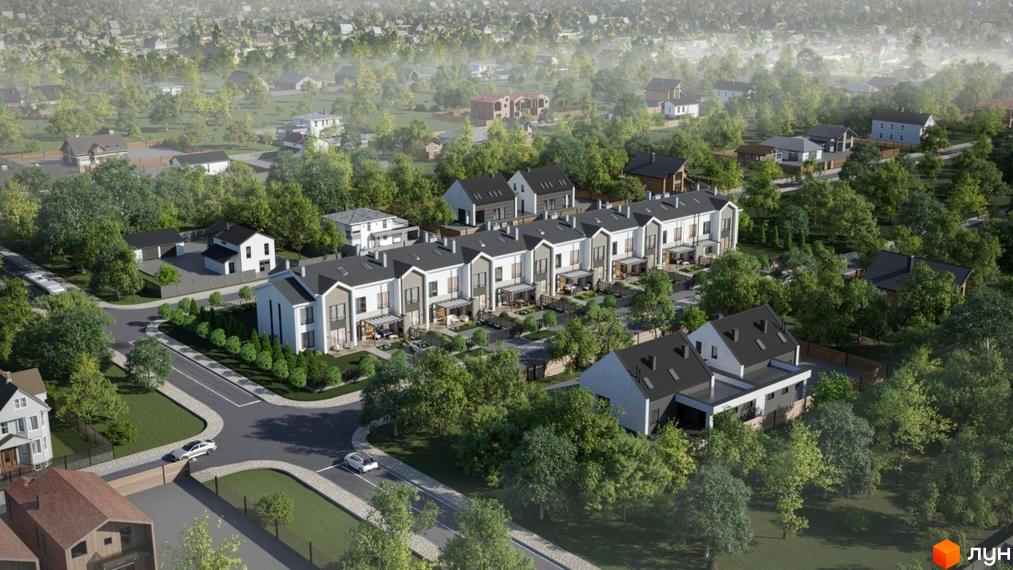 Таунхауси Lazur Village з білими та сірими фасадами, темними дахами, розташовані серед зелених насаджень та доріг. Навколо багато дерев та прибудинкових ділянок.
