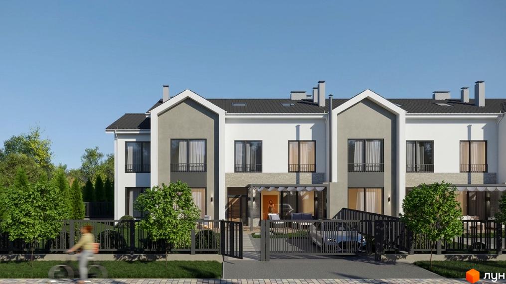 Таунхауси Lazur Village: фасади двоповерхових будинків з сірими та білими елементами, огороджена територія з деревами та парканом.