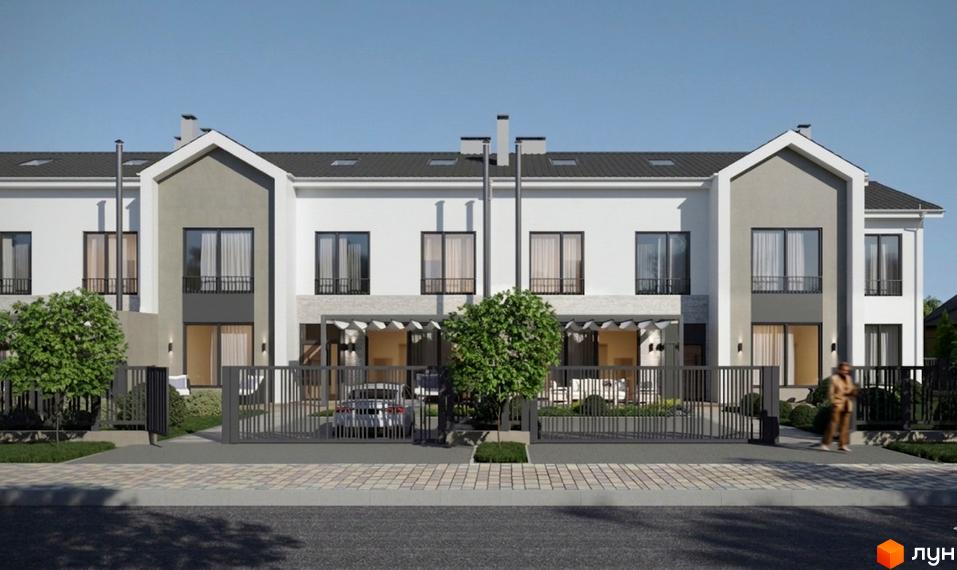 Зовнішній вигляд таунхаусів Lazur Village з фасадами білого та сірого кольорів, вікнами та воротами. Прибудинкова територія з деревами та автомобілем.