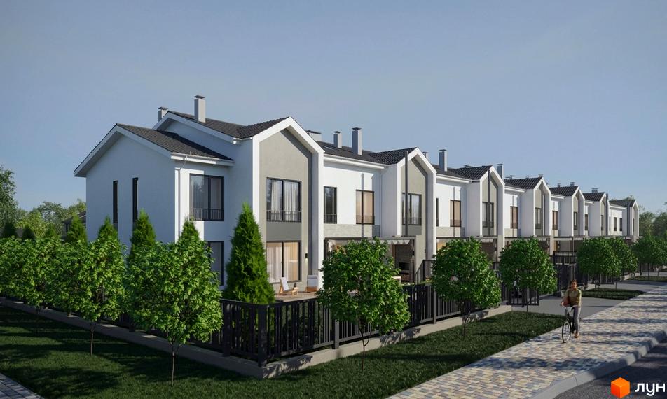 Зовнішній вигляд таунхаусів Lazur Village з фасадом біло-сірого кольору та акуратним подвір'ям. Навколо зелені насадження та доріжка для прогулянок.