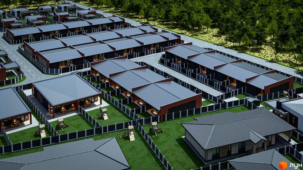 Котеджне містечко Bucha Village: одноповерхові будинки з темними фасадами та сірими дахами, огороджені ділянки з газоном та дитячими майданчиками.