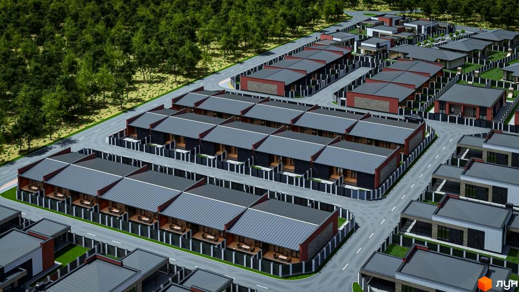 Котеджне містечко КМ Bucha Village - акуратні будинки з сірими дахами та червоними фасадами, огороджені парканами, розташовані серед зелених дерев.