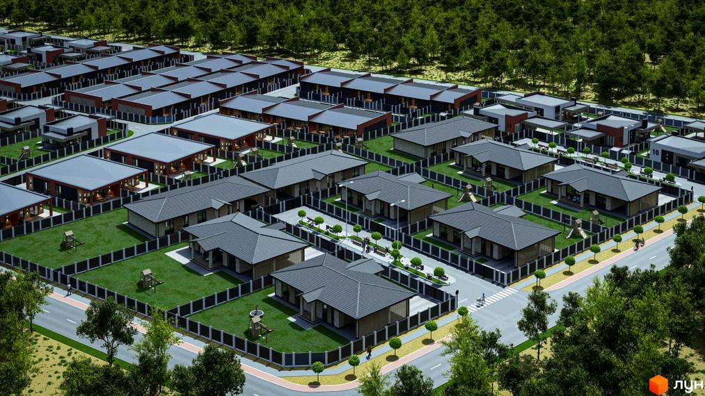 Котеджне містечко КМ Bucha Village: одноповерхові будинки з темними дахами та парканами, зелені газони, дитячі майданчики, вулиці з деревами.