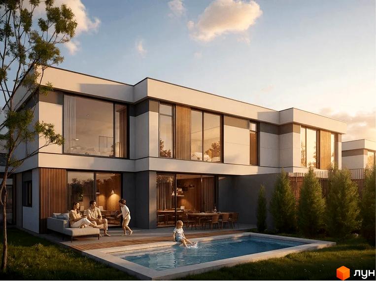 Котеджне містечко Gran Montaña: двоповерховий будинок з великими вікнами та басейном на задньому дворі. На терасі відпочиває родина.