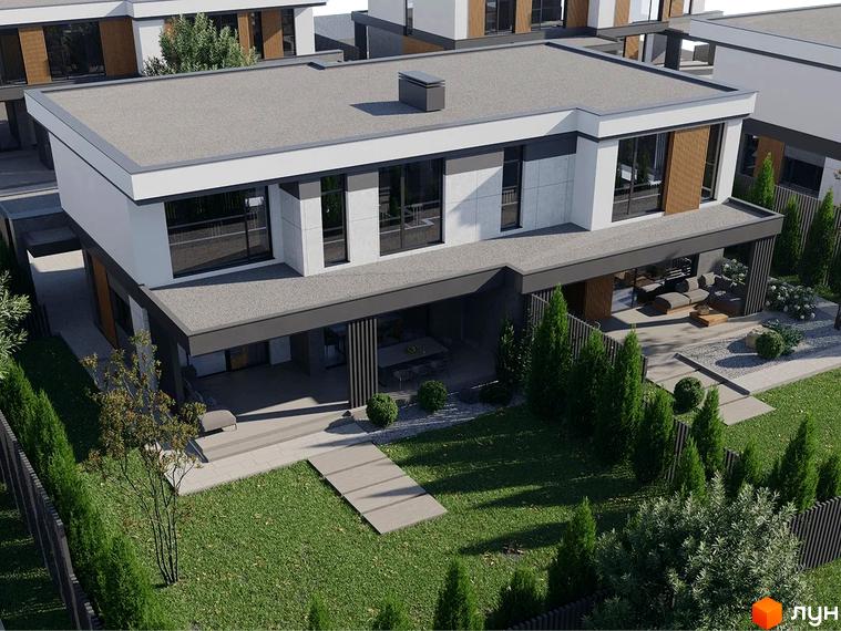 Котеджне містечко КМ Gran Montaña. Зовнішній вигляд двоповерхових будинків з пласкими дахами та великими вікнами, зелена прибудинкова територія з деревами та парканом.