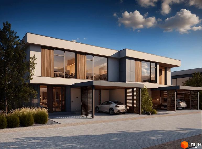 Зовнішній вигляд котеджного містечка Gran Montaña з сучасними будинками та доглянутою прибудинковою територією. На території розташовані два автомобілі під навісами.