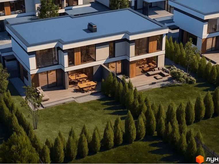 Котеджне містечко Gran Montaña: двоповерхові будинки з пласкими дахами, великими вікнами та терасами. Навколо будівель доглянутий газон та зелені насадження.