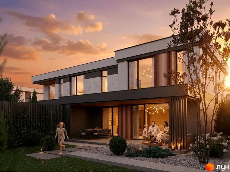 Котеджне містечко Gran Montaña: двоповерховий будинок з панорамними вікнами та просторою терасою, оточений доглянутим садом та парканом.