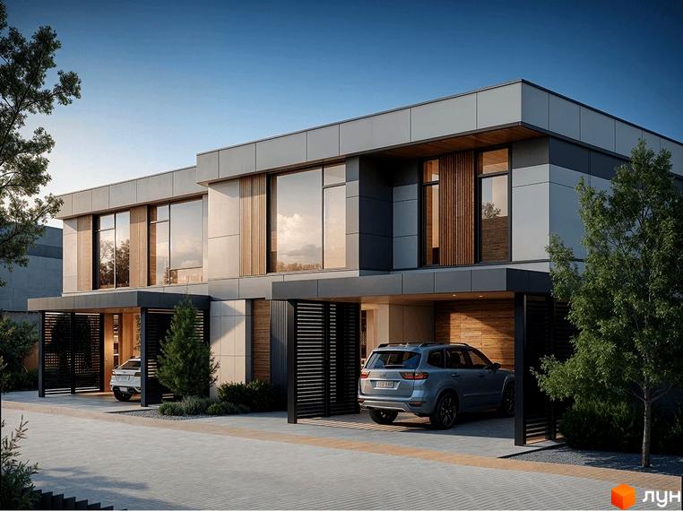 Зовнішній вигляд котеджного містечка КМ Gran Montaña з автомобілями на парковці та деревами. Фасад будинку оздоблений деревом та склом.