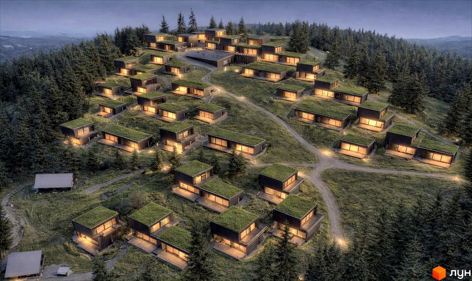 YUGEN by FIVE FORCES: комплекс з сучасними будинками з зеленими дахами, розташований на схилі пагорба серед лісу.