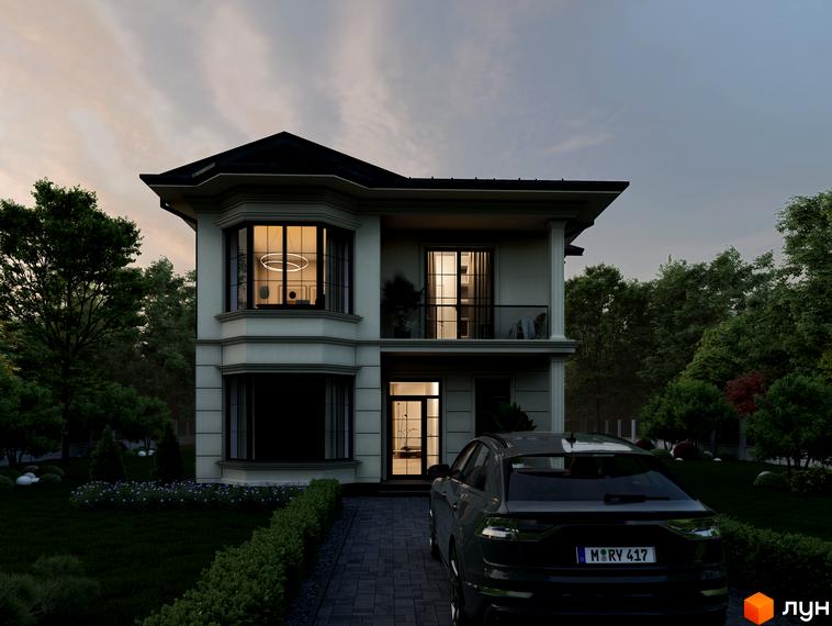 Котеджне містечко КМ Срібна алея: двоповерховий будинок з великими вікнами та балконом, перед будинком доглянутий сад та доріжка, припаркований автомобіль.