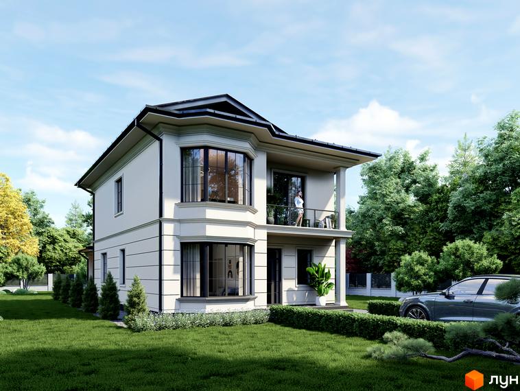 Котеджне містечко Срібна алея: двоповерховий будинок з балконом та панорамними вікнами, зелений газон та дерева. Автомобіль припаркований біля будинку.