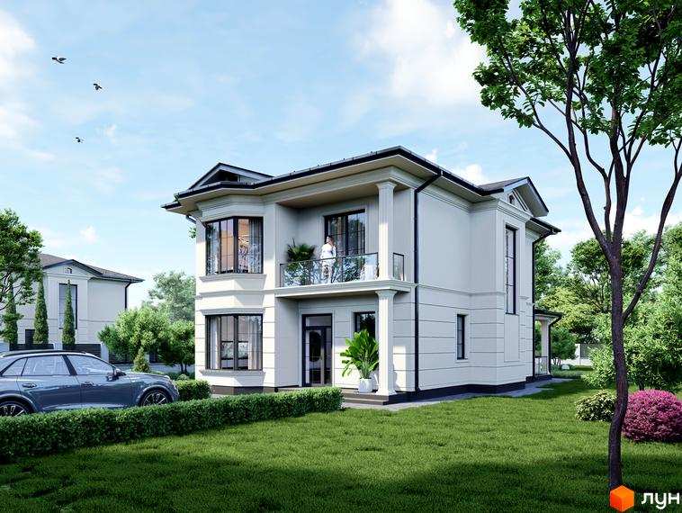 Котеджне містечко КМ Срібна алея: двоповерховий будинок з балконом та великими вікнами, оточений зеленим газоном та деревами. Поруч припаркований сірий автомобіль.