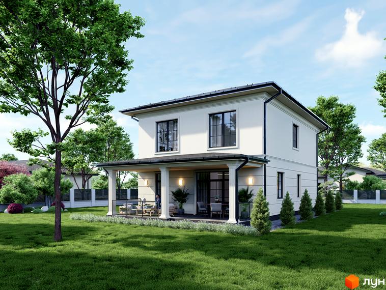 Котеджне містечко Срібна алея: двоповерховий будинок з навісом та колонами, оточений доглянутим газоном та деревами. Зелена прибудинкова територія з кущами та деревами.