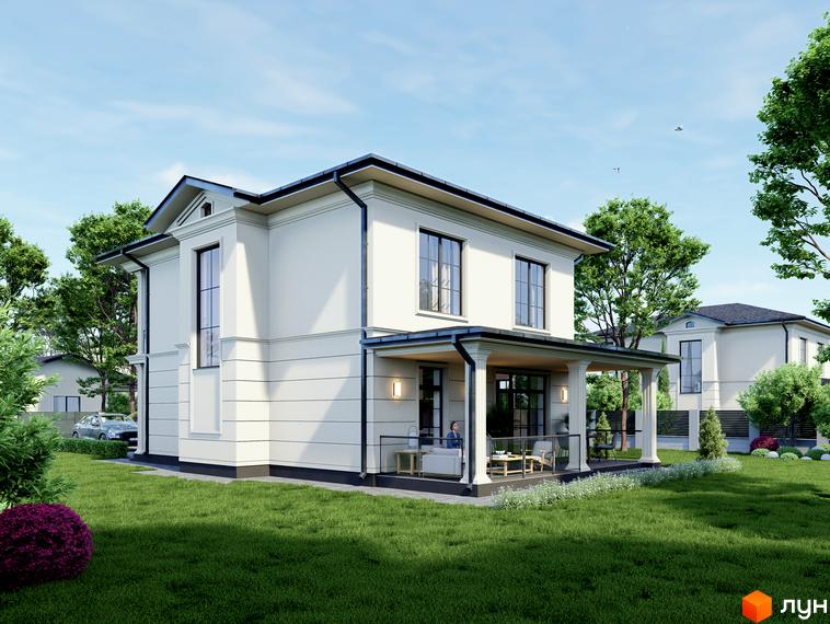 Котеджне містечко Срібна алея: двоповерховий будинок з терасою та доглянутим газоном. Навколо зелені дерева та сусідні будинки.