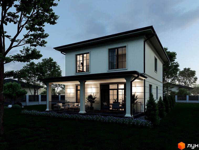 Котеджне містечко КМ Срібна алея: двоповерховий будинок з терасою та колонами, освітлений ввечері, на тлі доглянутого газону та дерев.