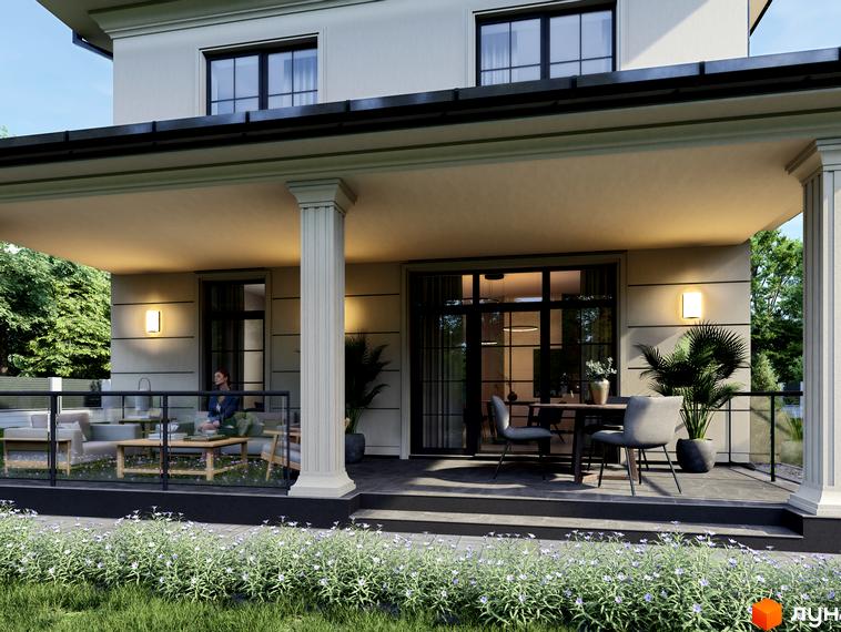 Котеджне містечко Срібна алея: двоповерховий будинок з терасою та зоною відпочинку, оточений зеленню. Зовнішній вигляд новобудови та прибудинкова територія.