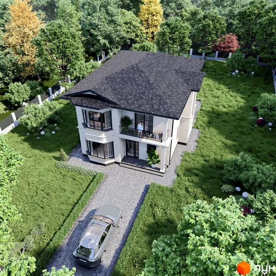 Котеджне містечко КМ Срібна алея: двоповерховий будинок з темним дахом та балконом, оточений зеленою ділянкою та деревами.