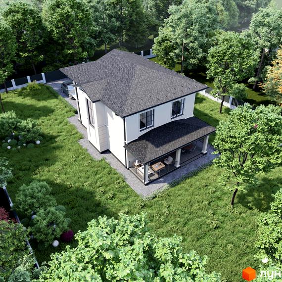 Котеджне містечко Срібна алея: білий двоповерховий будинок з сірим дахом та прибудинковою територією з газоном та деревами.