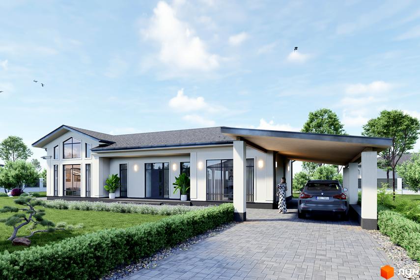 Котеджне містечко КМ Срібна алея: одноповерховий будинок з навісом для авто та доглянутою прибудинковою територією. Зовнішній вигляд будинку та ландшафтний дизайн.