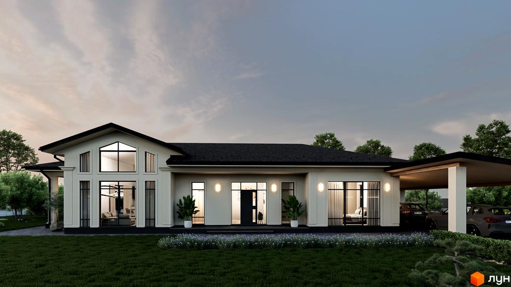 Котеджне містечко Срібна алея: одноповерховий будинок з великими вікнами та навісом для авто. Зелена галявина та дерева навколо.