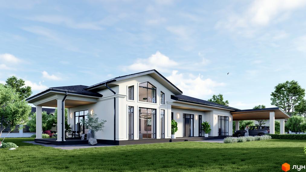 Котеджне містечко Срібна алея: Одноповерховий будинок світлого кольору з темним дахом, великими вікнами та критою терасою. На території доглянутий газон та зелені насадження.