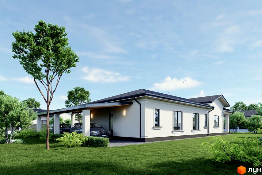 Котеджне містечко Срібна алея: одноповерховий будинок світлого кольору з темним дахом та навісом для авто. Навколо будинку зелений газон, кущі та дерева.