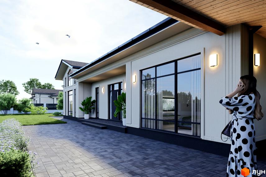 Котеджне містечко Срібна алея: будинок зі світлим фасадом, великими вікнами та темним дахом, поруч вимощена доріжка та зелений газон.