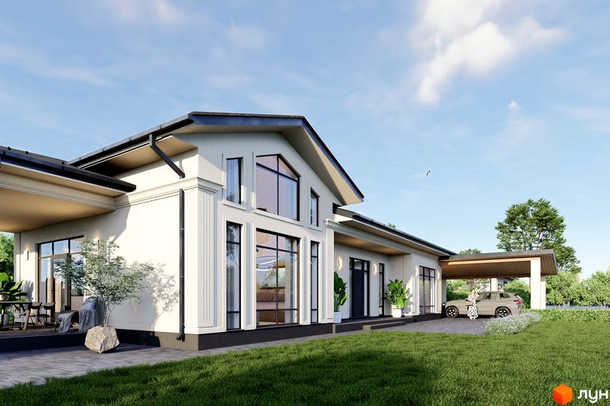 Котеджне містечко Срібна алея. Білий будинок з великими вікнами, темним дахом, терасою та навісом для авто, оточений зеленим газоном.