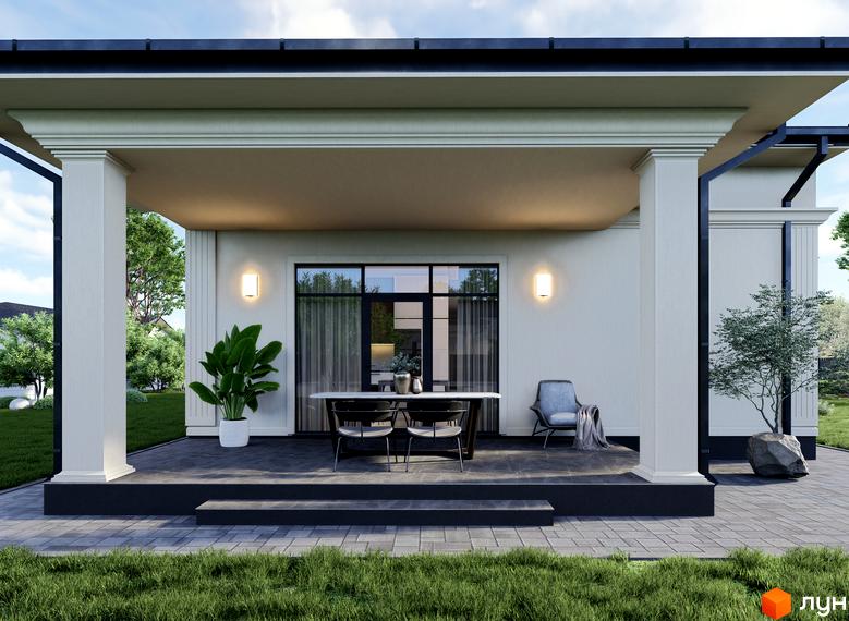 Фасад будинку Котеджного містечка Срібна алея з відкритою терасою, обставленою меблями. Навколо будинку зелений газон та дерева.