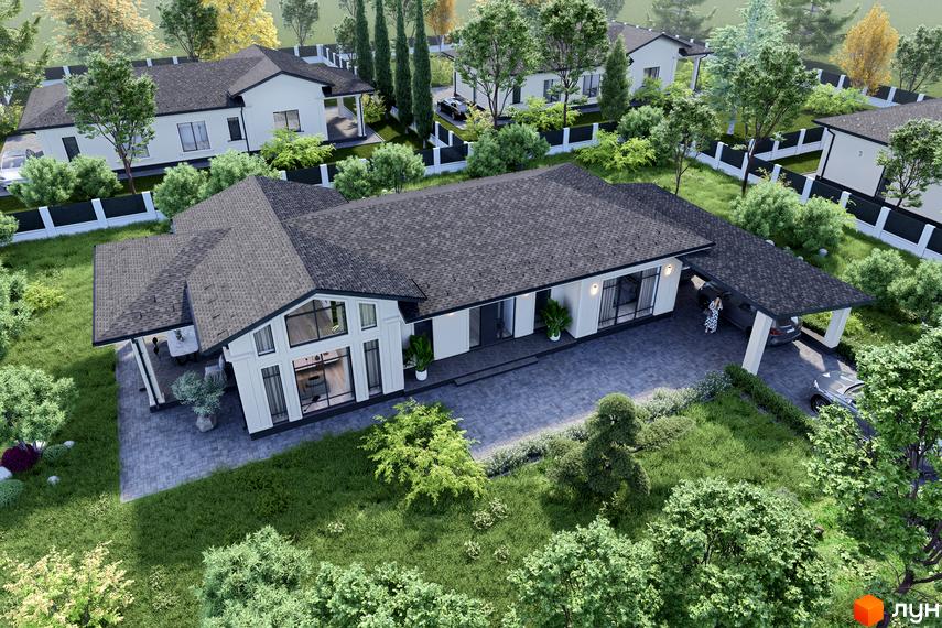 Котеджне містечко Срібна алея. Білий будинок з темним дахом, великими вікнами та навісом для авто, оточений зеленим газоном та деревами.