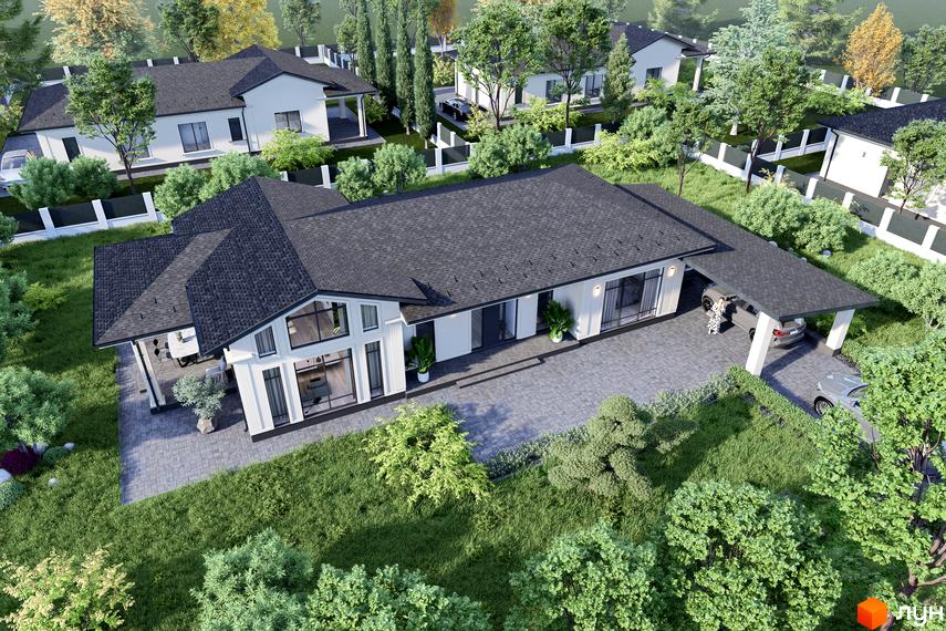 Котеджне містечко Срібна алея: білий будинок з темно-сірим дахом, великими вікнами та навісом для авто. Навколо зелені газони та дерева.