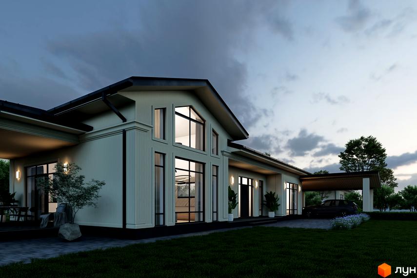 Котеджне містечко КМ Срібна алея: сучасний будинок з великими вікнами та прибудинковою територією з автомобілем під навісом.