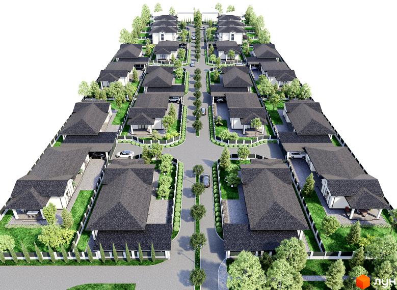 Котеджне містечко Срібна алея: вид зверху на двоповерхові будинки з темними дахами та доглянутою прибудинковою територією з деревами та газонами.