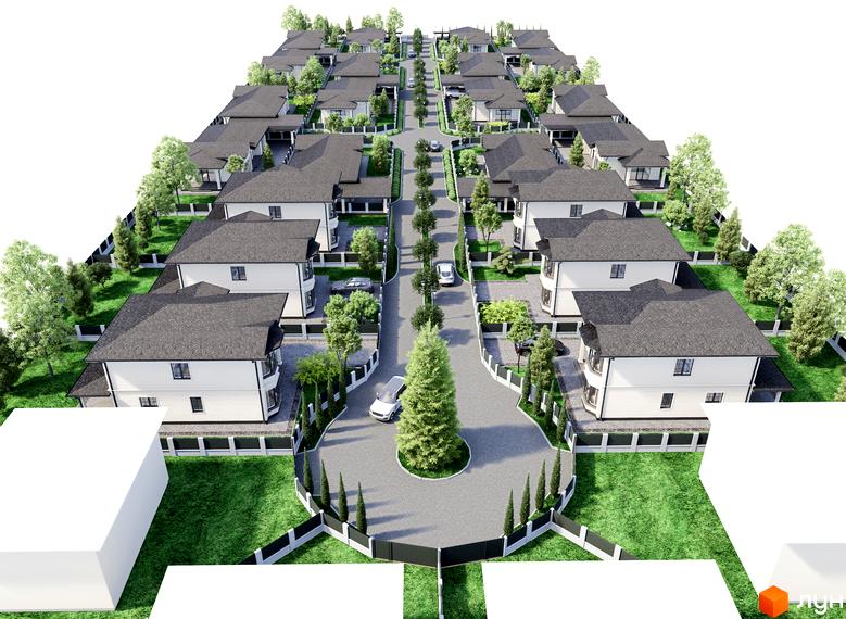 Котеджне містечко Срібна алея: двоповерхові будинки з сірими дахами, білими фасадами та зеленими галявинами. Озеленена вулиця з деревами та парканом.