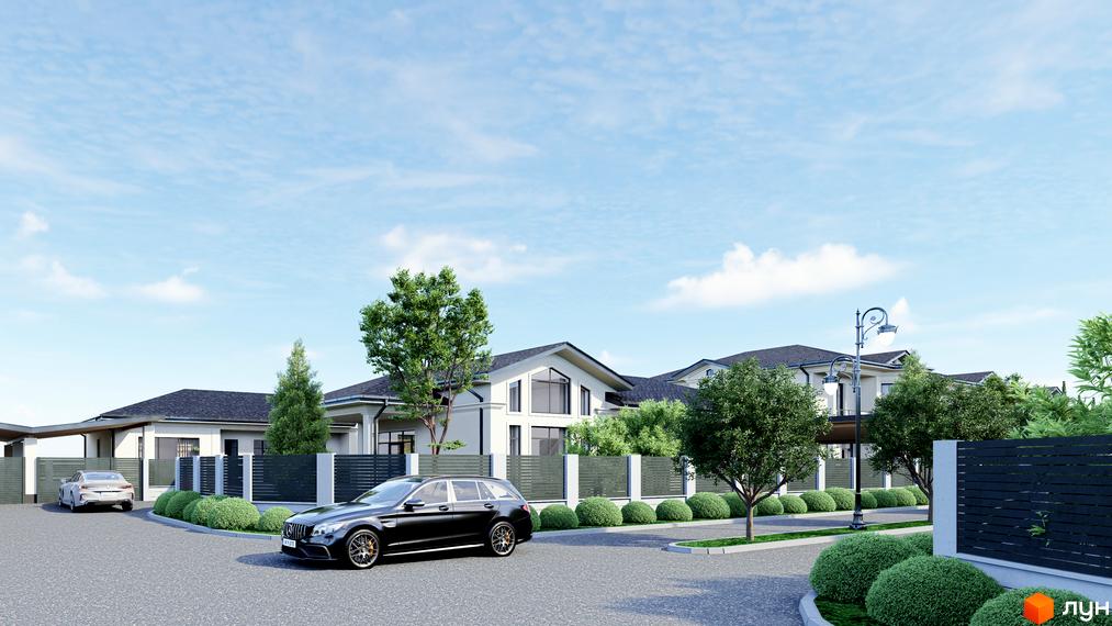 Котеджне містечко Срібна алея: фасади будинків з великими вікнами та доглянута прибудинкова територія з деревами та кущами.