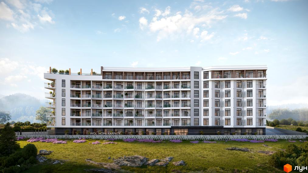 Багатоповерховий житловий комплекс WOL. Home. Karpaty з білим фасадом, численними балконами та терасами на даху. Розташований серед гір, зелених луків та квітучих полів.