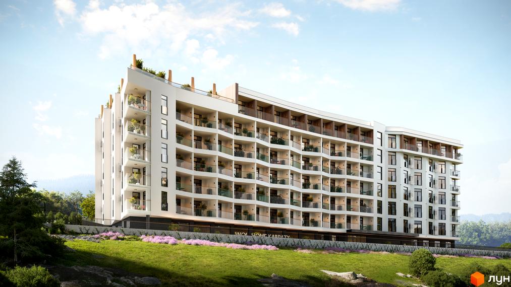 Багатоповерховий житловий комплекс WOL. Home. Karpaty з білим фасадом, численними балконами та дерев'яними елементами, розташований на зеленому схилі.