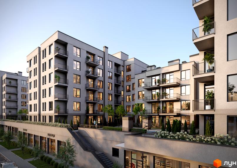 Житловий комплекс Парус WOOD з багатоповерховими будинками сірого кольору, балконами та великими вікнами. Прибудинкова територія має комерційні приміщення, зелені насадження та сходи.