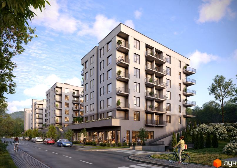 Житловий комплекс Парус WOOD з балконами та вікнами, що виходять на вулицю та зелену зону. Навколо комплексу розташовані дерева та кущі.