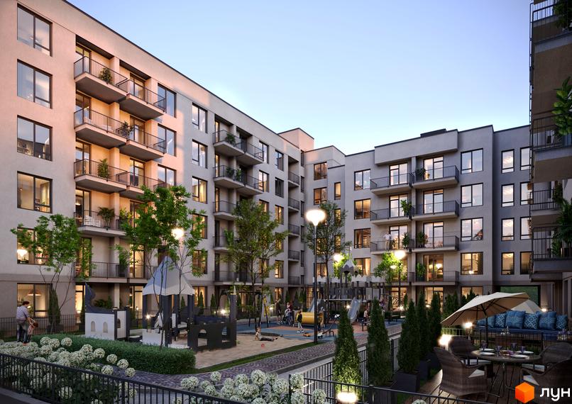 Житловий комплекс Парус WOOD з балконами та дитячим майданчиком. Сучасна архітектура та зелена прибудинкова територія.