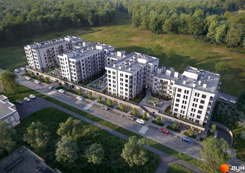 Житловий комплекс Парус WOOD з білими фасадами та балконами, оточений зеленою зоною та дорогою з автомобілями.