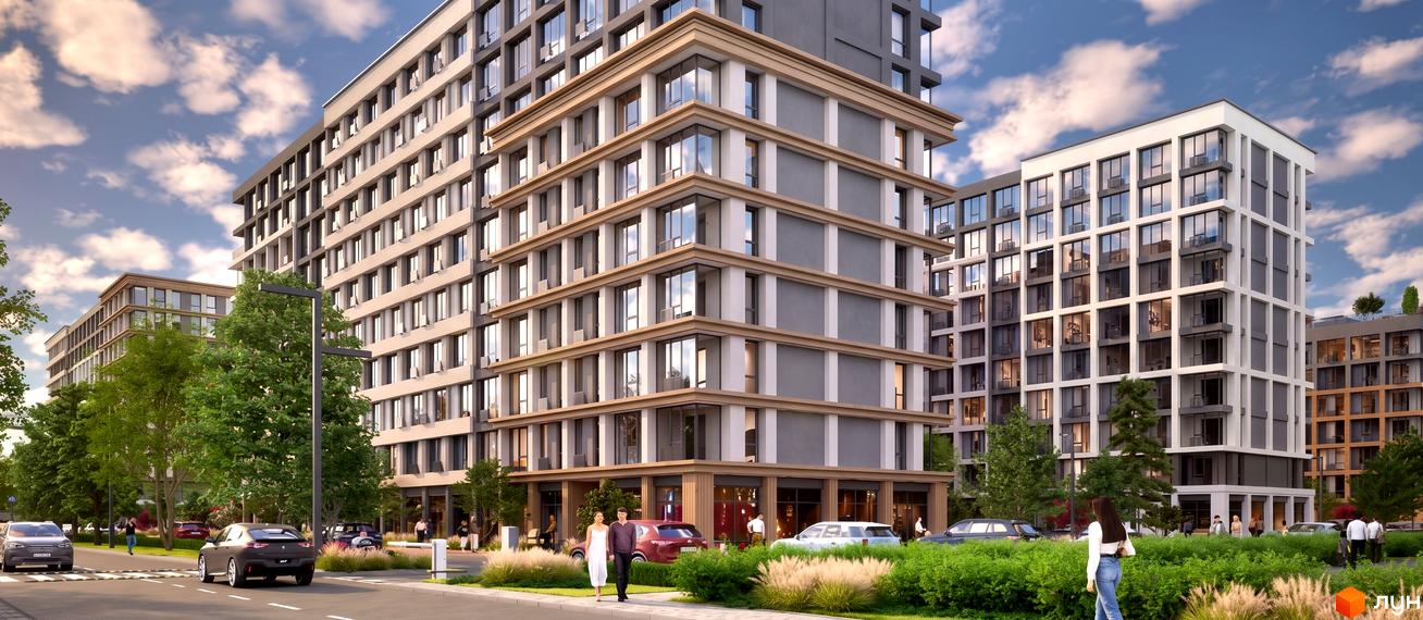 Житловий комплекс Подих: багатоповерховий будинок зі світлим каркасом, сірими панелями та великими вікнами. Навколо зелені насадження, дорога з автомобілями.