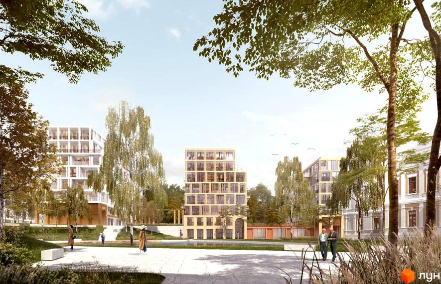 Резиденція Творців: багатоповерхові будинки світлих відтінків з великими вікнами, розташовані серед зелених насаджень та пішохідних зон.