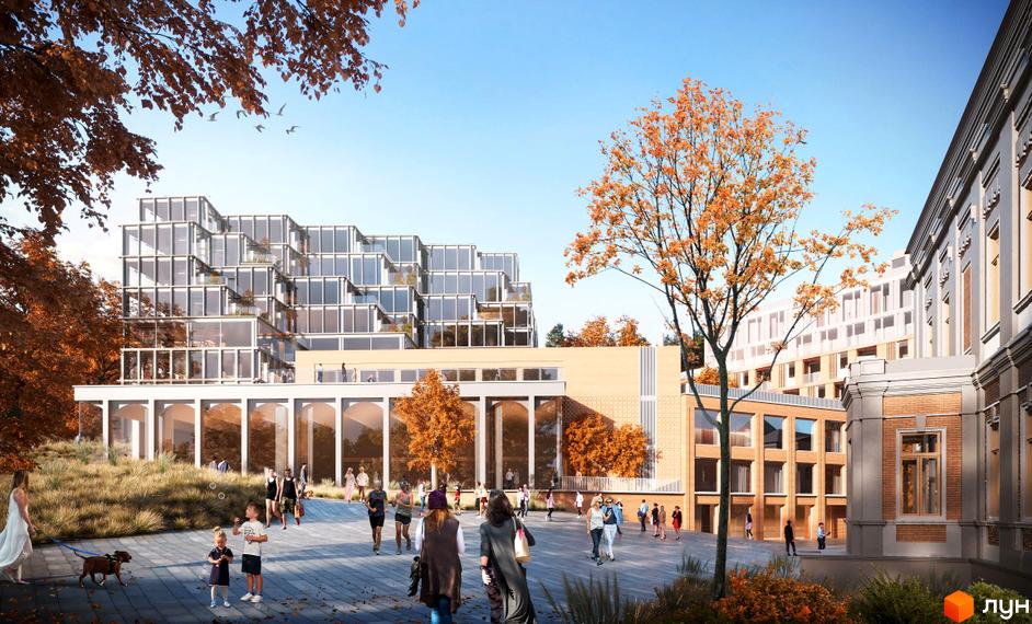 Резиденція Творців: фасади будівель з терасами та скляними елементами, оточені осінніми деревами та людьми на бруківці.