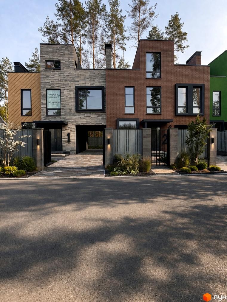 Таунхауси Madera House з цегляним та дерев'яним фасадом, огородженою територією та брукованою доріжкою. Комплекс оточений деревами.